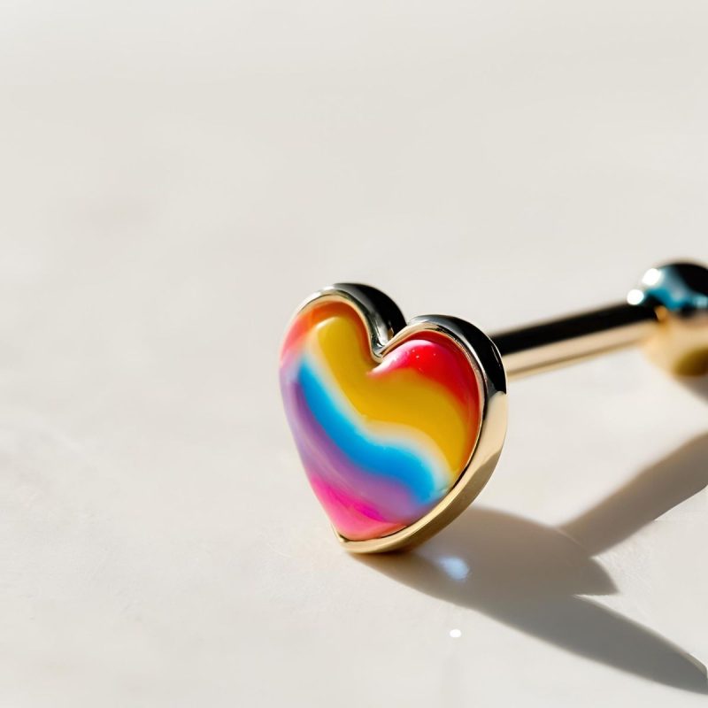 Multicolor heart barbell tongue ring
