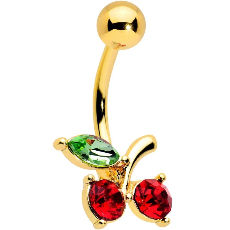 Gold Red Cherry Belly Ring piercing jewelry