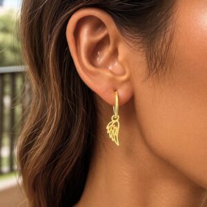 14K Yellow Gold Angel Wing Charm Dop Hoop Earrings