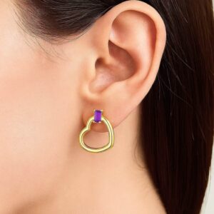 14K Yellow Gold Baguette Amethyst Heart Drop Stud Earrings