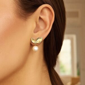 14K Yellow Gold Cherry Leaf Pearl Drop Earrings