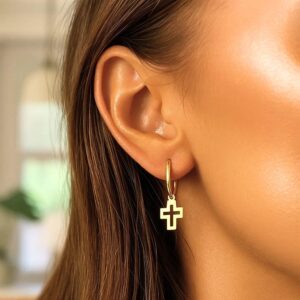 14K Yellow Gold Cross Charm Dangle Hoop Earrings
