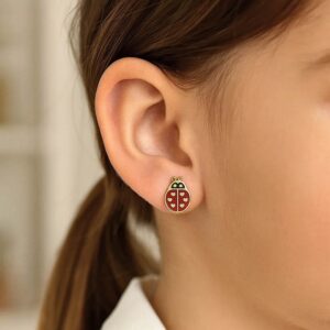 14K Yellow Gold Enameled Little Ladybug Stud Earrings
