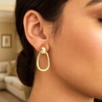 14K Yellow Gold Oval Door Knocker Drop Hoop Earrings