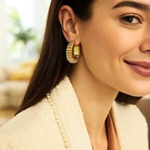 14K Yellow Gold Puffed Ribbed Hoop Earrings