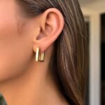 14K Yellow Gold Rectangle Huggie Hoop Earrings 13mm