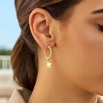 14K Yellow Gold Star Charm Beaded Hoop Earrings 14K Yellow Gold Star Charm Beaded Hoop Earrings
