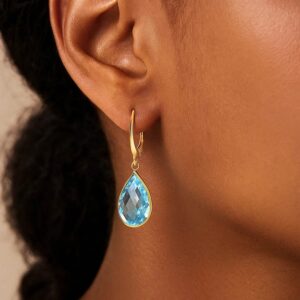 14k Gold Briolette Pear Cut Blue Topaz Drop Earrings
