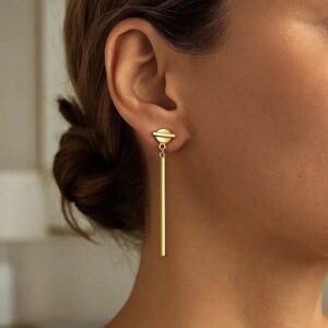 14k Gold Circle Linear Bar Drop Earrings