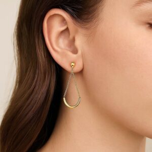 14k Gold Curved Bar Drop Chain Dangle Earrings