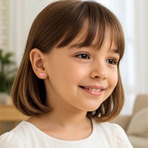 14k Gold Enameled Pink Heart Stud Earrings for Childrens