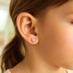 14k Gold Enameled Pink Heart Stud Earrings for Kids