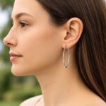 14k White Gold Long Slim Oval Shape Hoop Earrings 2 Inch 50mm