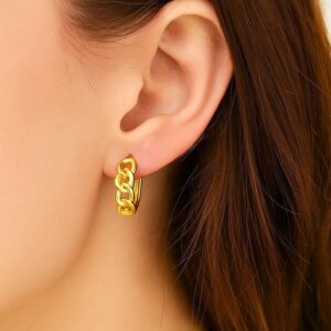 14k Yellow Gold Curb Chain Link Huggie Hoop Earrings