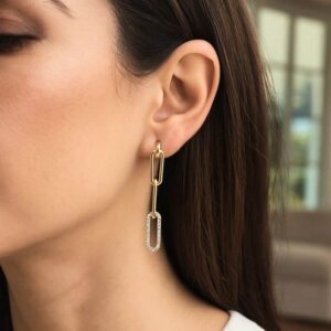 14k Yellow Gold Diamond Paperclip Chain Dangle Earrings