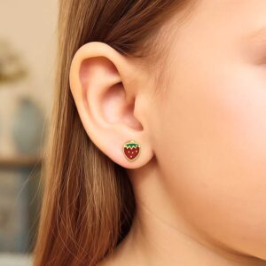 14k Yellow Gold Enameled Green and Red Strawberry Stud Earrings for Childrens