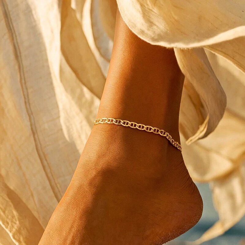 14k Yellow Gold Flat Mariner Link Anklet 3.2mm 10 Inch