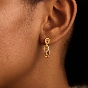 14k Yellow Gold Oval Mariner Link Huggie Hoop Earrings
