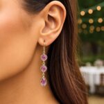 14k Yellow Gold Round and Pear Shaped Three Stone Amethyst Drop Dangle Earrings