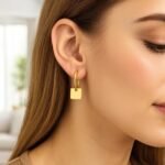 14k Yellow Gold Square Drop Huggie Hoop Earrings