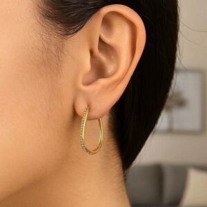 Bead Textured Oval Hoop Earrings 14k Two Tone Gold