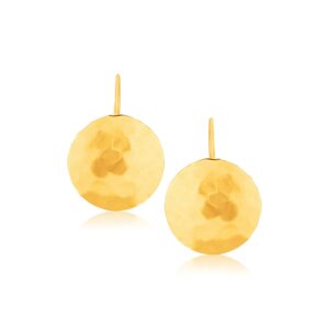 14k Yellow Gold Disc Drop Earrings Hammered Texture Medium Size