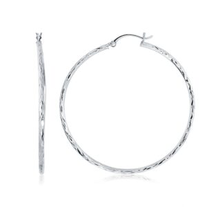 14k White Gold Medium Hoop Earrings Diamond Cut