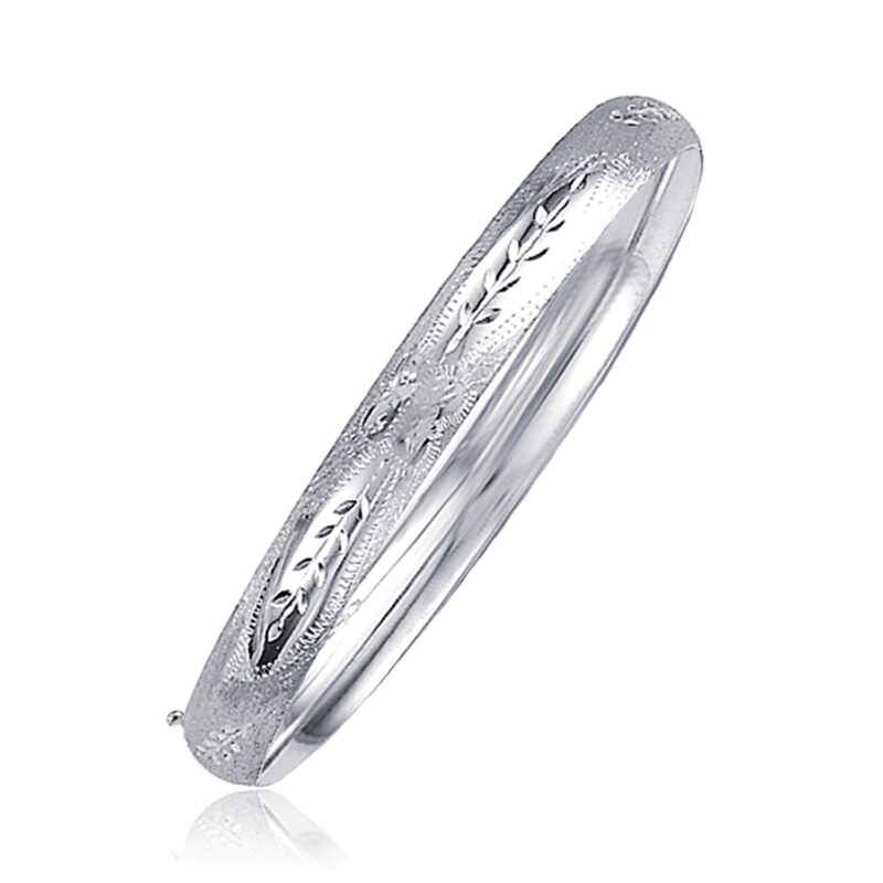 Classic Floral Carved Bangle 14k White Gold (6.00 mm)