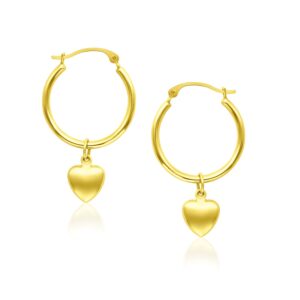 14k Gold Hoop Earrings with Dangling Puffed Heart