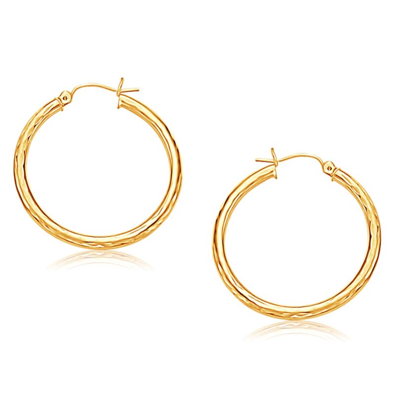 14k Gold Hoop Earring with Diamond-Cut Finish (3x30mm)