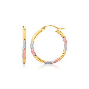 Hoop Earrings Textured 14k Tri-Color White, Rose, Yellow Gold (2x22mm)
