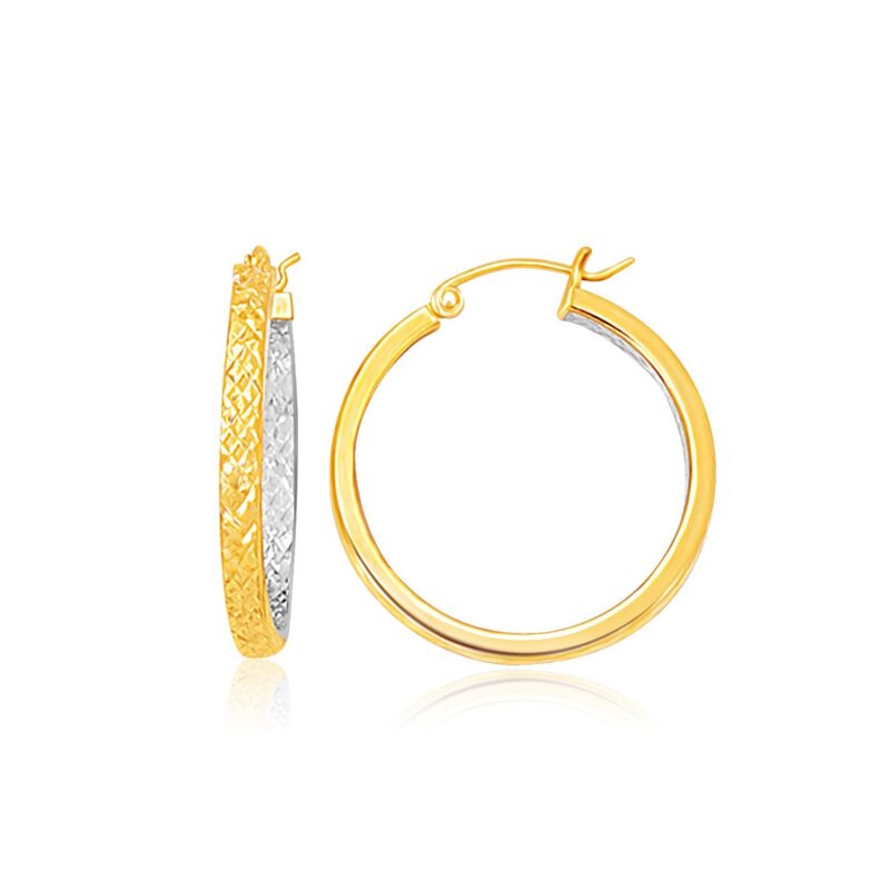 14k Gold Petite Patterned Hoop Earrings Two-Tone Yellow and White (3x25mm)