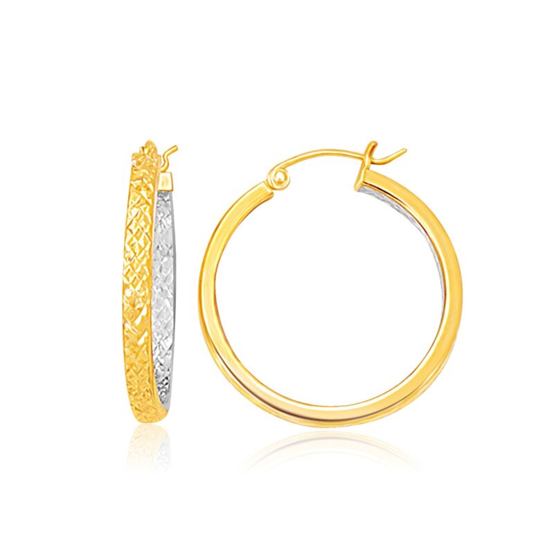Medium Patterned Hoop Earrings 14k Two-Tone Yellow and White Gold (3x30mm)