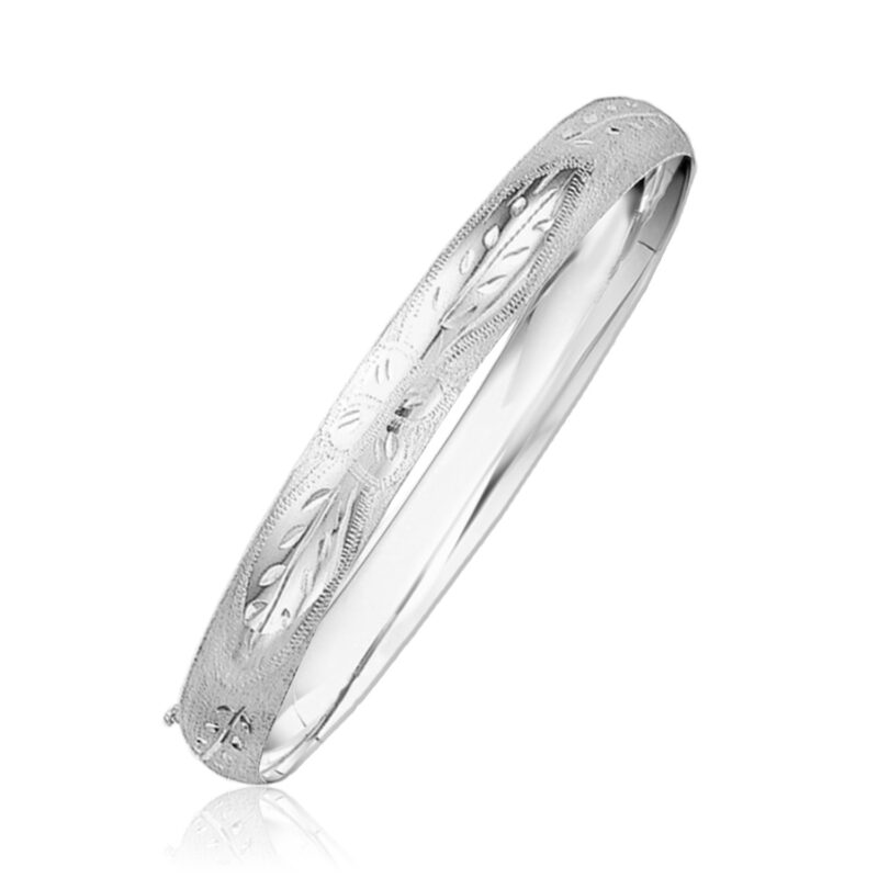 Classic Floral Carved Bangle 14k White Gold (8.00 mm)