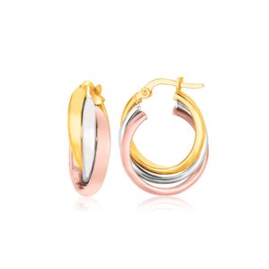 Domed Tube Intertwined Earrings 14k Tri-Color Pink, White and Yellow Gold