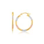 Tri-Color Hoop Earrings with Diamond Cut Accents in 14k Gold (2x15mm)