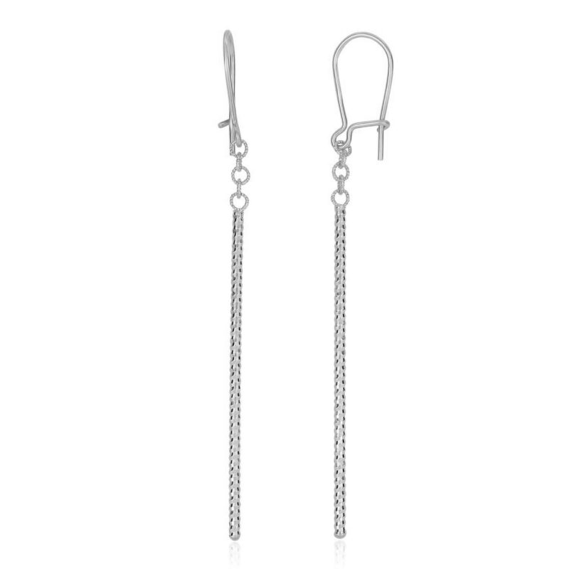 14k White Gold Drop Earrings Long Bar Diamond Cut