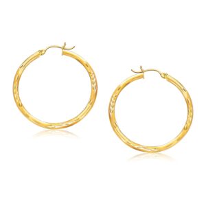 14k Gold Fancy Diamond Cut Hoop Earrings (3x35mm)