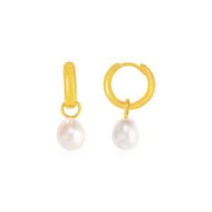 14k Gold Small Hoop Earrings with Pearl Drop