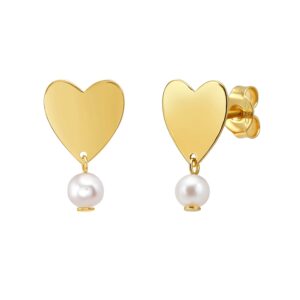 Heart and Pearl Drop Stud Earrings 14K Gold Yellow