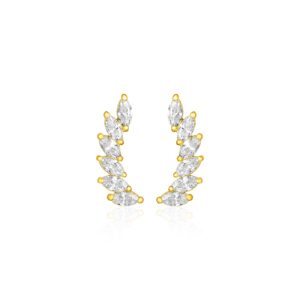 14k Gold Leaf Climber Stud Earrings with Marquise Cubic Zirconias