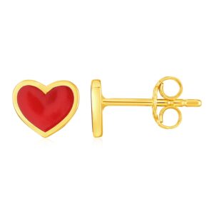 Red Heart Stud Earrings 14k Yellow Gold and Enamel