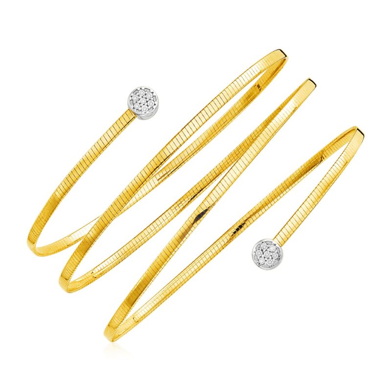 14k Gold Spiral Bangle Bracelet with Two Tone Wrap Around Diamonds (2.00 mm)