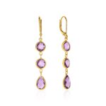 Amethyst Drop Earrings with Round and Pear-Shaped Stones 14k Yellow Gold