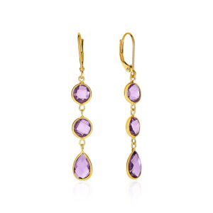 Amethyst Drop Earrings with Round and Pear-Shaped Stones 14k Yellow Gold