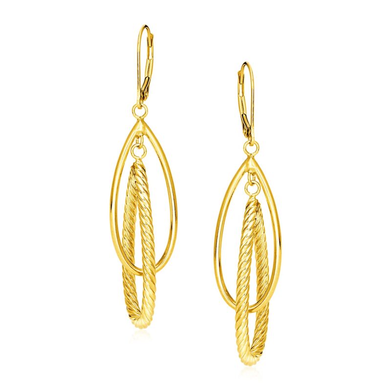 14k Gold Earrings with Teardrop Dangles Shiny and Textured