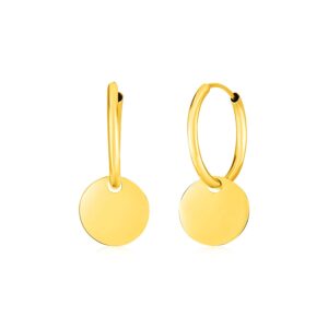 14k Yellow Gold Huggie Hoop Earrings with Circle Drops