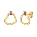Purple Amethyst Gemstone Baguette Heart Stud Earrings in 14K Yellow Gold