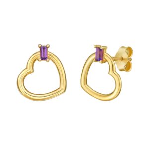 Purple Amethyst Gemstone Baguette Heart Stud Earrings in 14K Yellow Gold