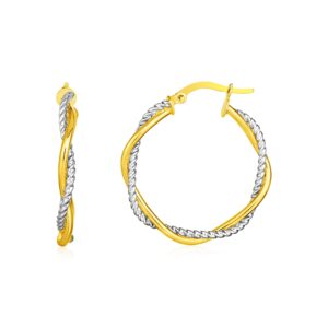 14k Yellow and White Gold Two Part Textured Twisted Round Hoop Earrings (3x23mm)